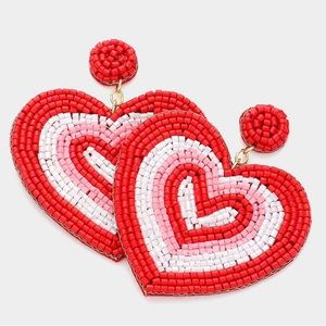 Red hand beaded heart earrings felt back brand new